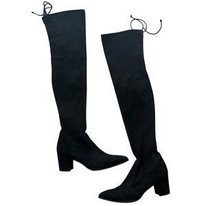 Stuart Weitzman Black Suede Over The Knee Boots Block Heel Tie Back Size 10
